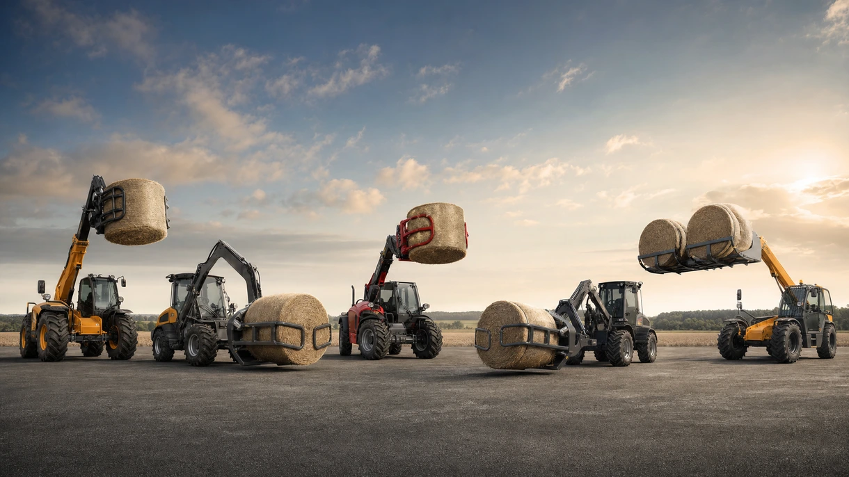Professioneller, am Traktor montierter Ballenwagen beim Stapeln großer Quaderballen auf einem Feld während der Sommerernte.