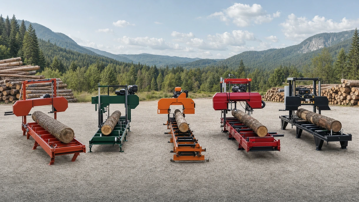 Professioneller Bediener beim Sägen eines großen Eichenstamms mit einem hydraulischen horizontalen Sägewerk in einer ländlichen forstwirtschaftlichen Umgebung.