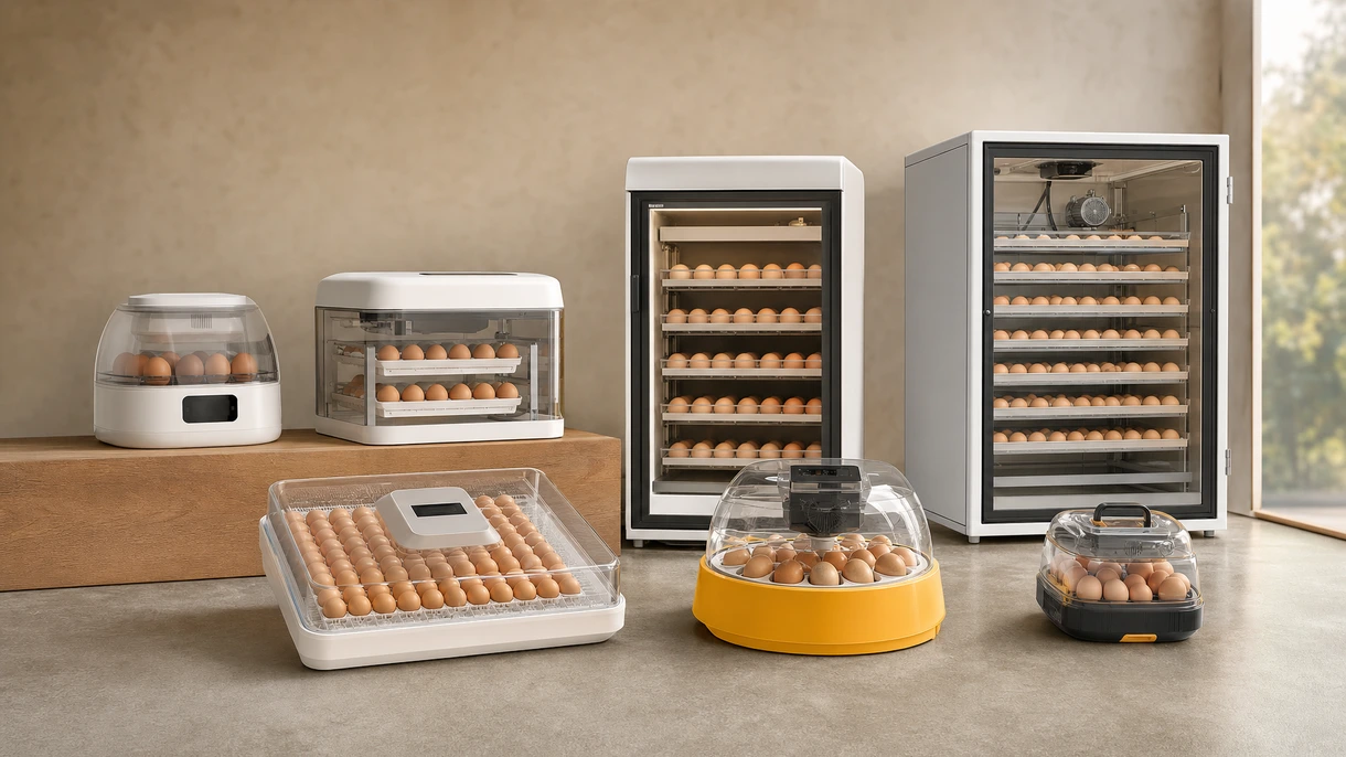 Incubadora de huevos multietapa industrial en una instalación profesional de incubación avícola con interfaz digital de control climático.