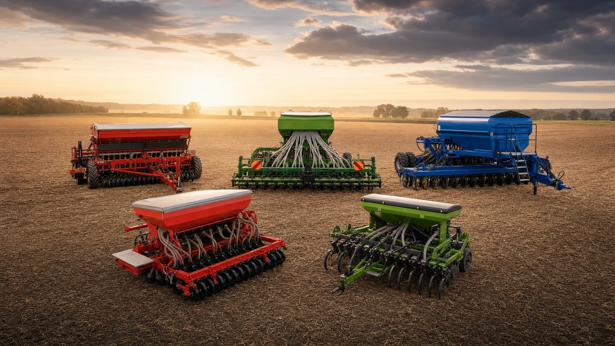Sembradora en hileras neumática operando en un campo abierto extenso durante la temporada de siembra de primavera con un tractor de gran potencia.