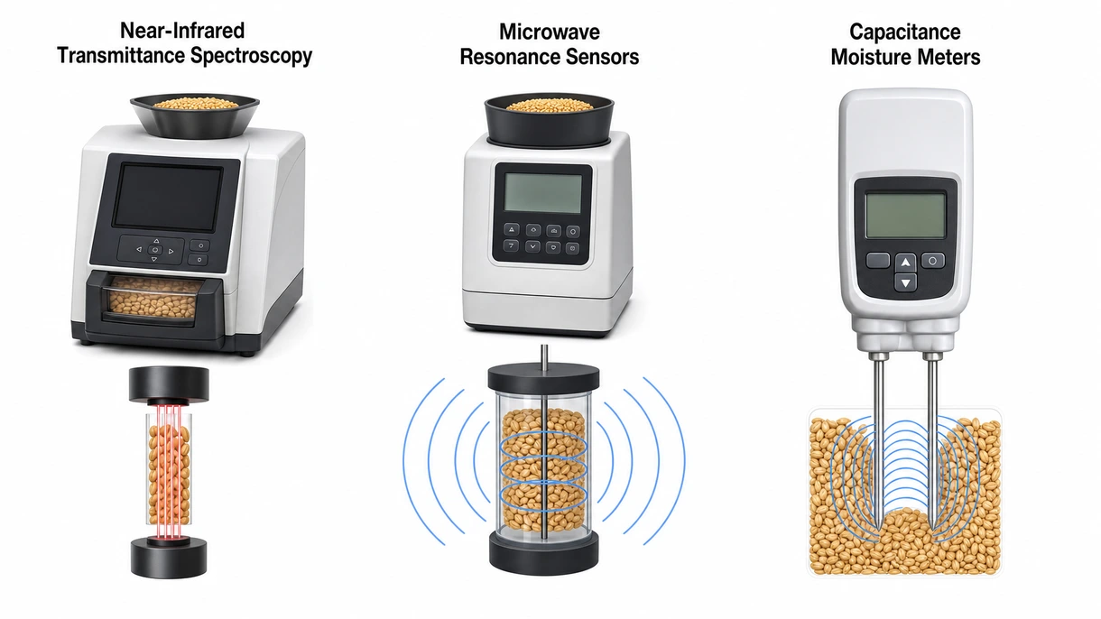 Primer plano técnico de una celda de muestra de un analizador de granos que muestra la lente óptica NIR y los granos de trigo siendo analizados.
