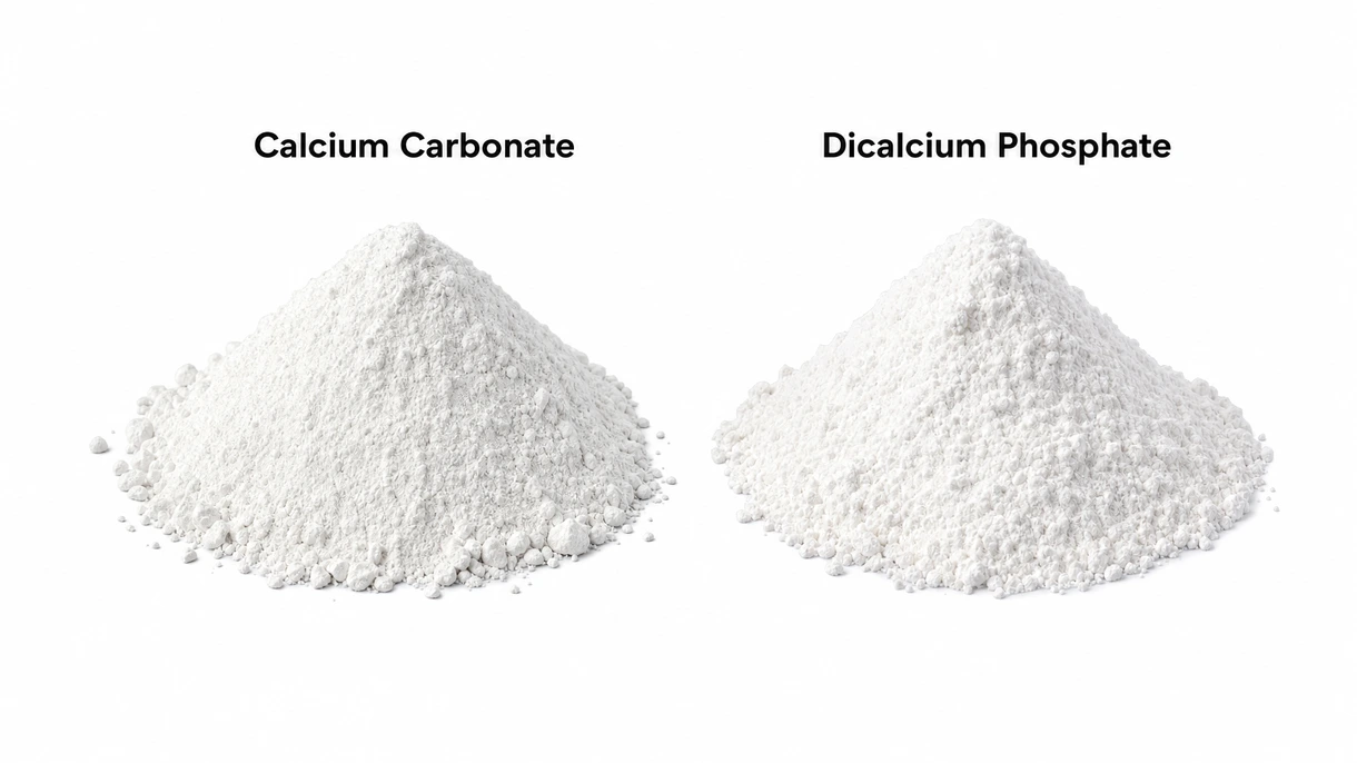 Primer plano de gránulos uniformes de carbonato cálcico que muestran una distribución de partículas constante para una nutrición animal de precisión y mezcla de piensos.