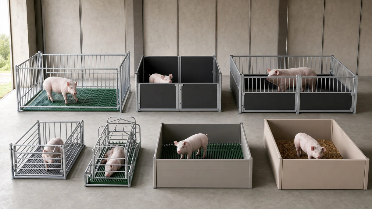Bâtiment de gestation commercial équipé de cages à porcs modulaires en acier inoxydable et de systèmes d'alimentation automatisés dans un environnement professionnel.