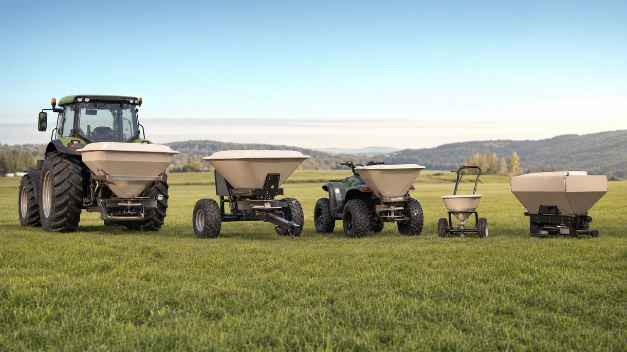 Un distributeur d'engrais à la chaux robuste épand du carbonate de calcium sur une parcelle de grande culture derrière un tracteur moderne de forte puissance au printemps.