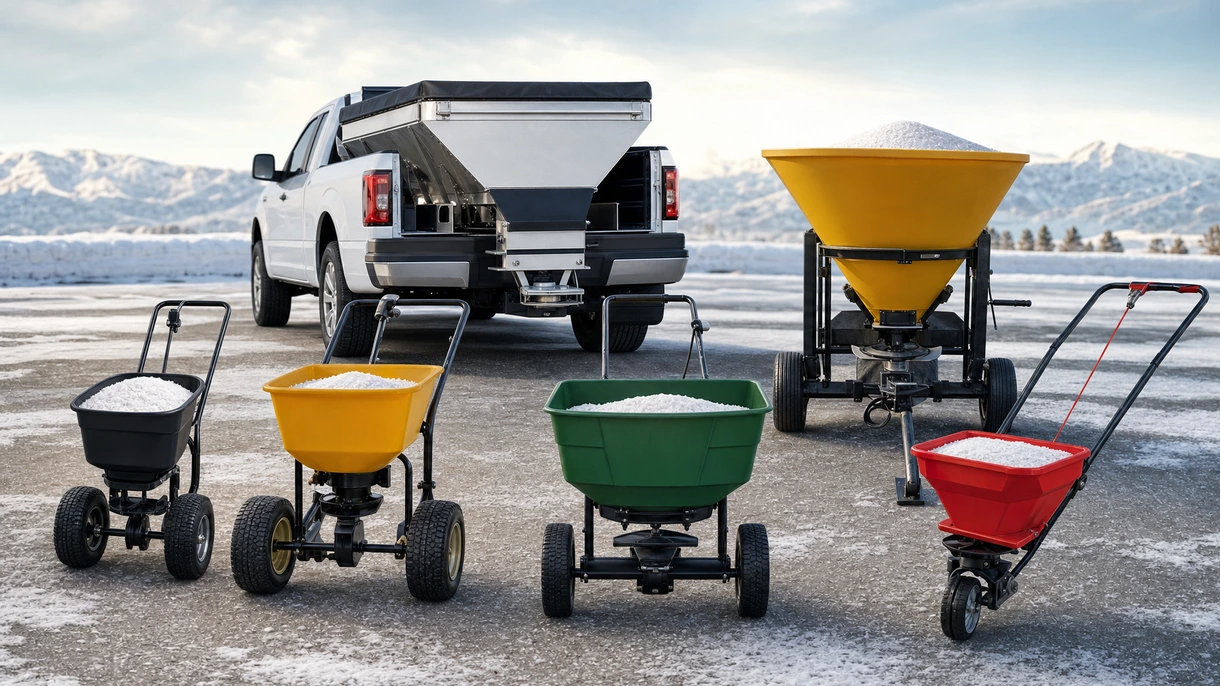 Distributeur de sel monté sur tracteur épandant du gravillon sur un chemin d'accès agricole enneigé lors d'opérations professionnelles de viabilité hivernale.