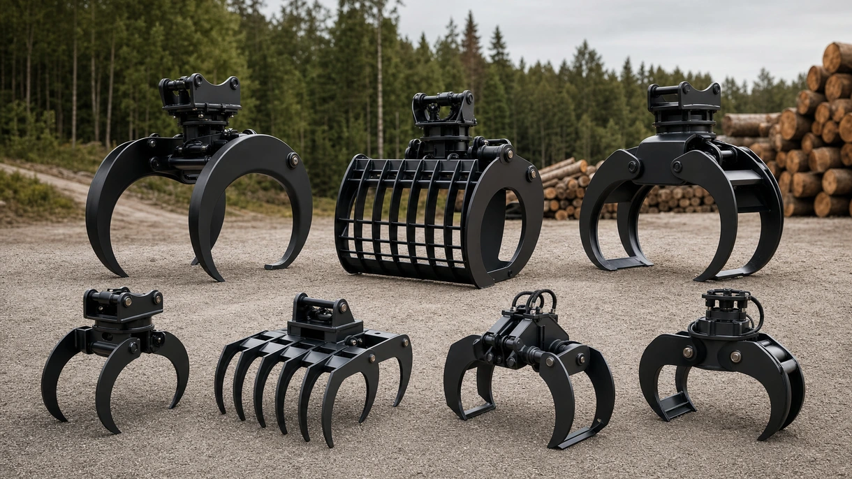 Pince à grumes hydraulique montée sur un porteur forestier soulevant un lot de billons d'épicéa dans une forêt enneigée.
