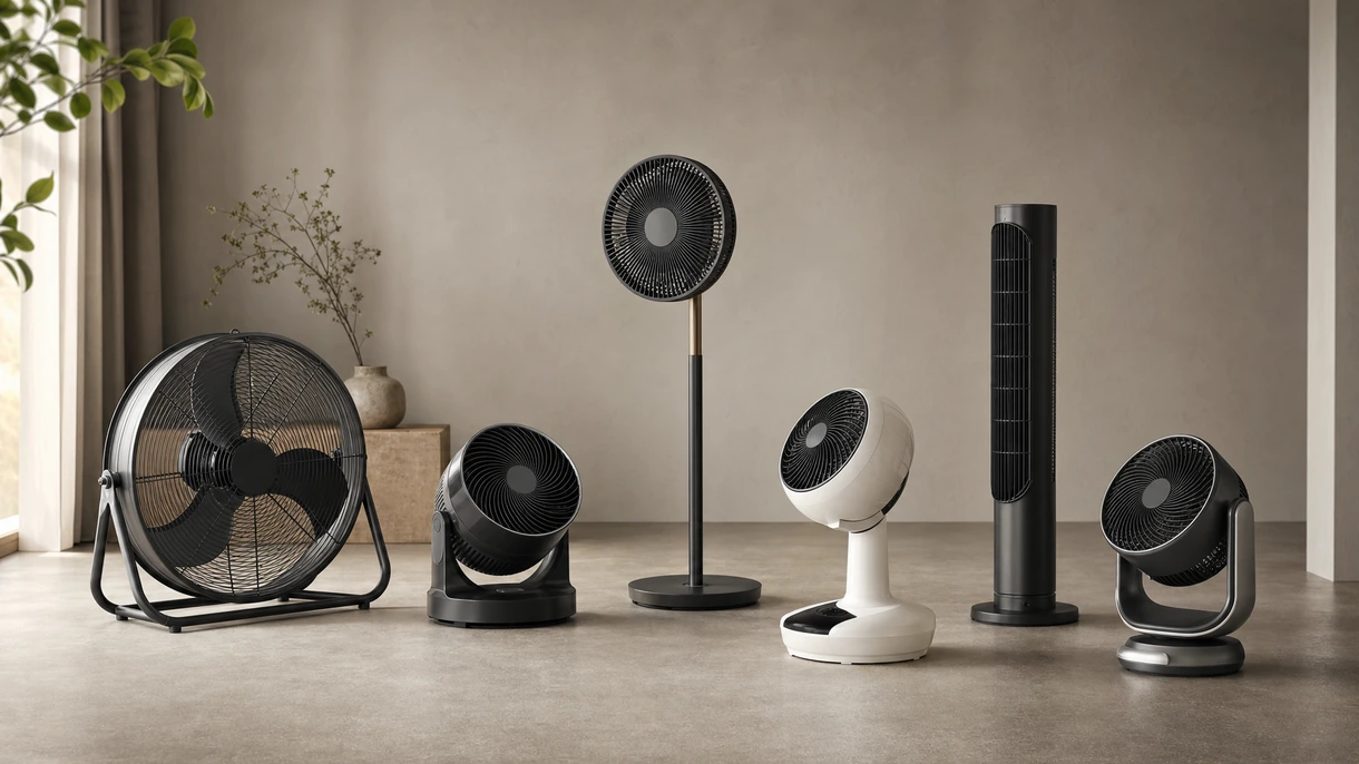 Ventilateurs de type corbeille à haute vitesse montés le long d'un couloir d'alimentation de stabulation laitière, assurant un flux d'air rafraîchissant pour le bétail en été.