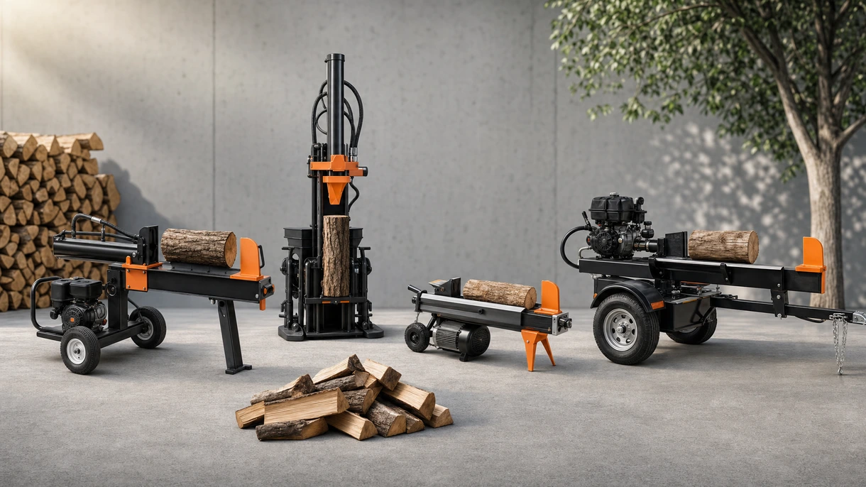 Fendeuse de bûches hydraulique verticale professionnelle traitant des bois durs sur un site forestier agricole pendant la saison de récolte automnale.
