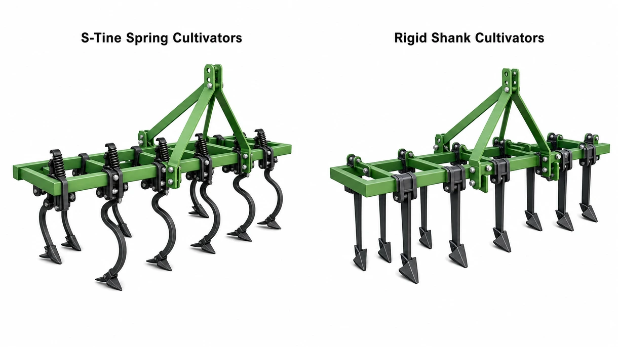 Gros plan technique montrant l'assemblage renforcé d'une dent vibrante et le soc en acier durable d'un cultivateur de plein champ professionnel.
