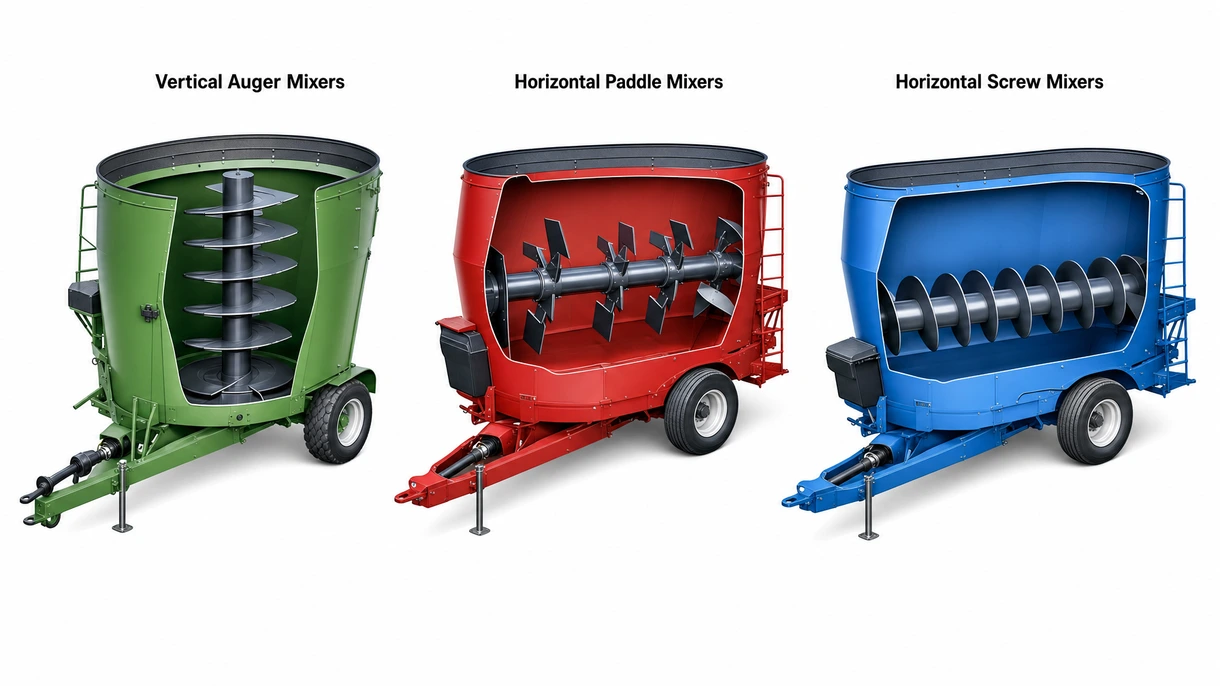 Gros plan technique d'un ensemble à double vis avec couteaux en acier trempé à l'intérieur de la cuve d'une mélangeuse à vis traînée de grande capacité.