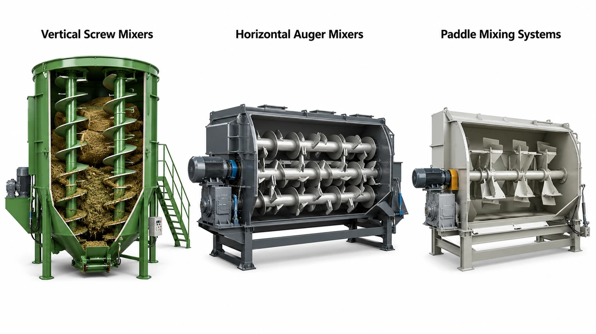 Vue détaillée des couteaux de la vis verticale interne et des revêtements d'usure en acier inoxydable à l'intérieur d'une cuve de mélangeuse stationnaire.