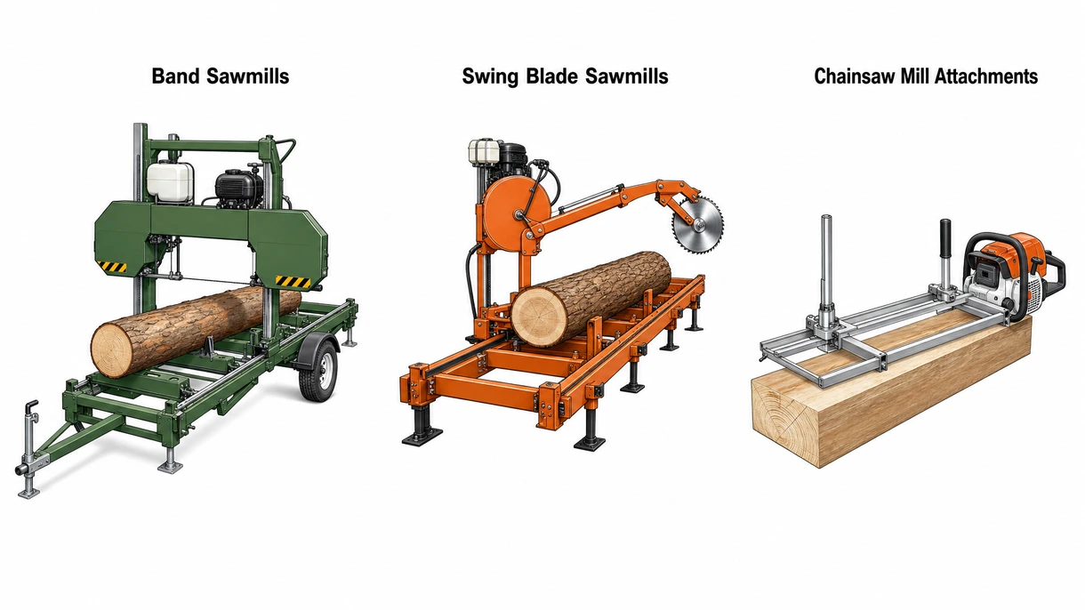 Gros plan technique d'une lame de scie à trait fin et d'un système de tension hydraulique sur une scierie portable.