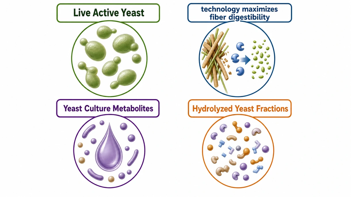 Gros plan microscopique de cellules de levure vivantes montrant la structure cellulaire robuste requise pour une activité de fermentation ruminale efficace.