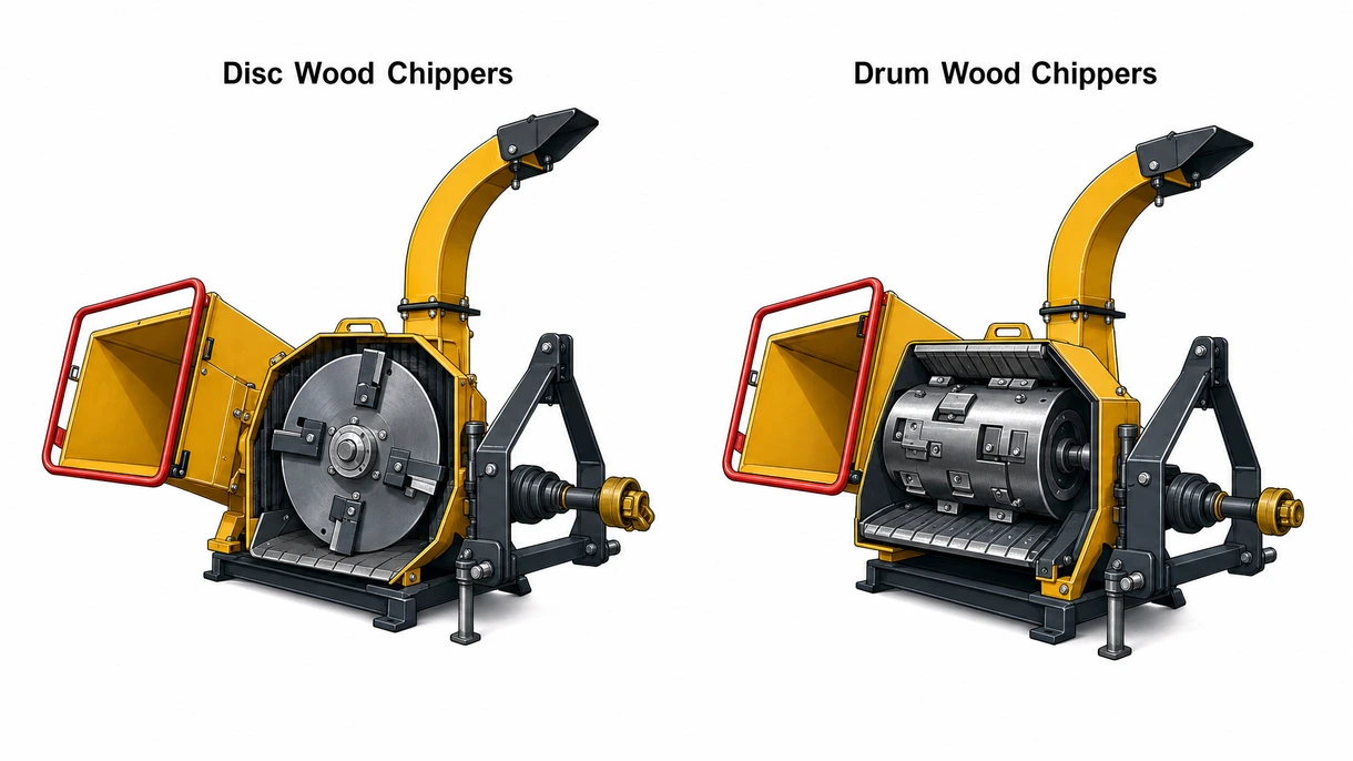 Gros plan sur les lames de broyage en acier haute résistance et les rouleaux d'alimentation hydrauliques d'un ensemble broyeur de branches sur prise de force de qualité professionnelle.