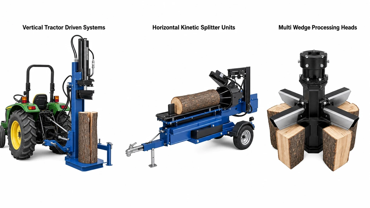 Gros plan technique d'une tête de fendage à coins multiples et d'un vérin hydraulique robuste sur un processeur de bois agricole commercial.