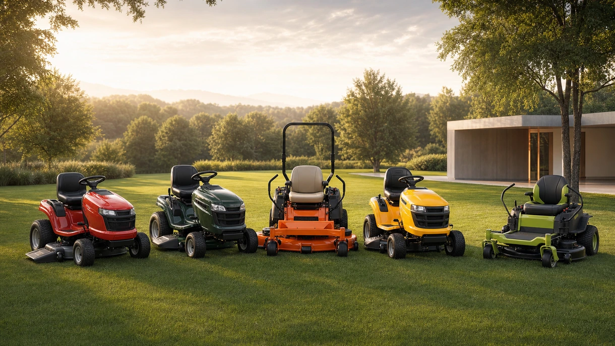Commercial zero-turn riding mower clearing tall grass near a farm building during professional agricultural grounds maintenance.