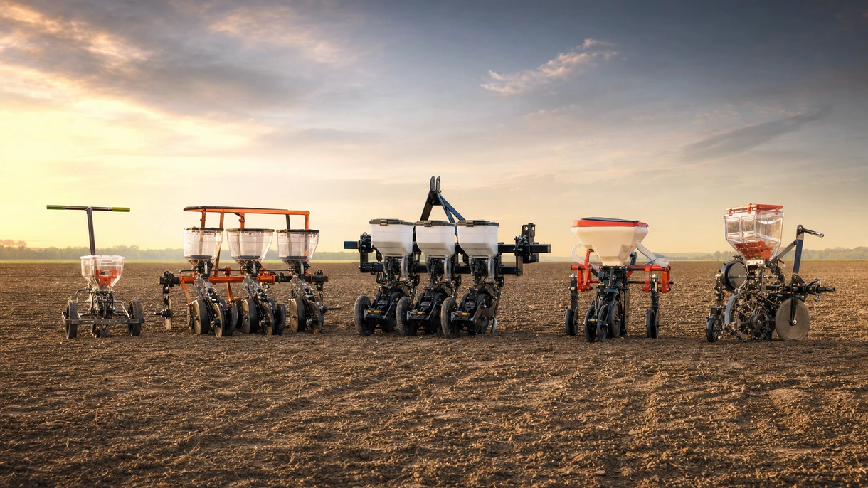 Precision vegetable seed drill operating in a professional farm field showing accurate row placement during spring planting season.