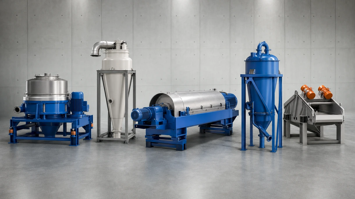Screw press slurry separator processing livestock manure on a dairy farm with solid fraction discharging into a storage bay.
