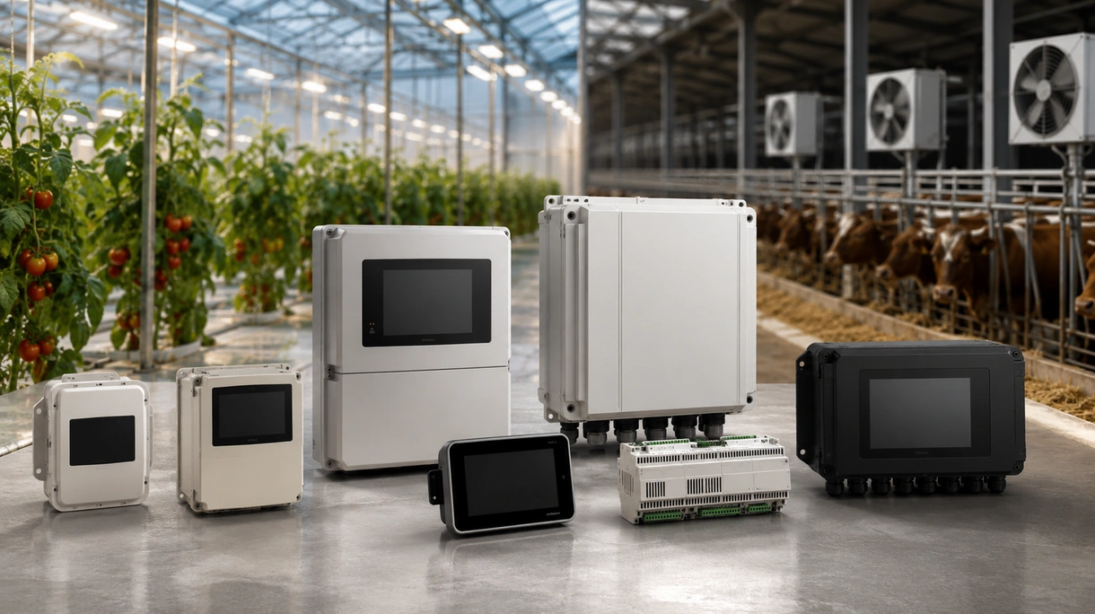Professional climate controller interface mounted on a greenhouse wall managing automated ventilation and irrigation systems for commercial crop production.