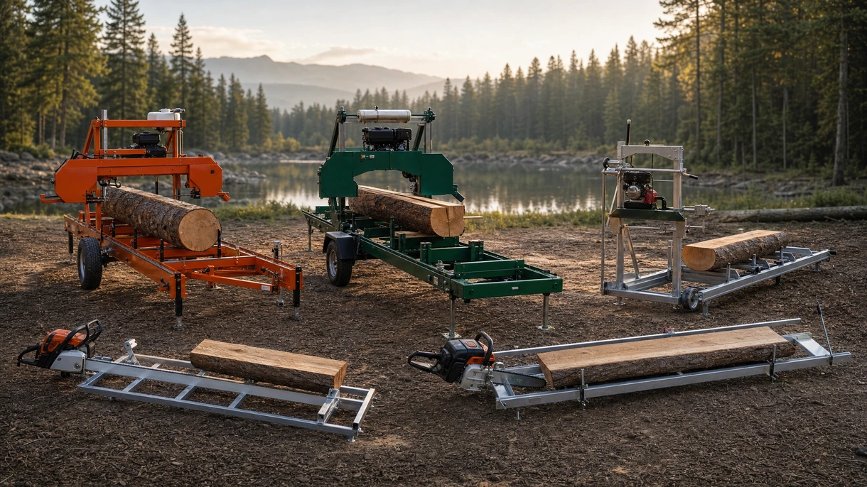 Professional band sawmill processing a large oak log on a rural farm site for structural timber construction projects.