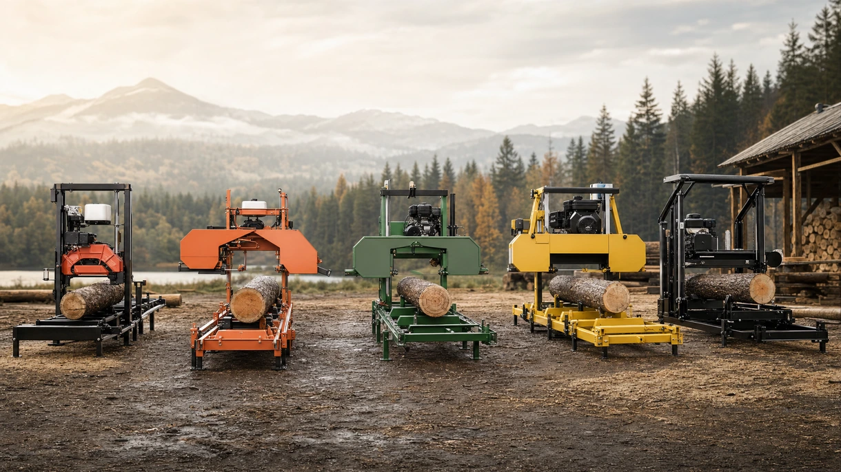 Professional circular sawmill processing a large hardwood log in a rural forestry setting during a sunny workday operations.