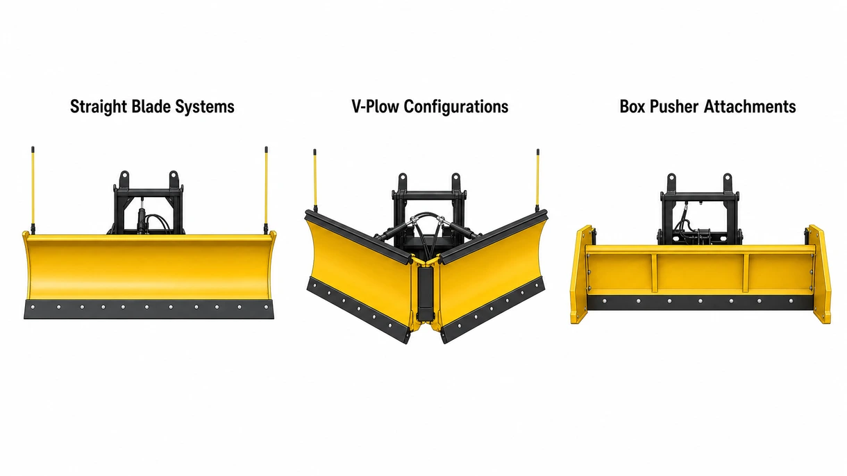 Technical detail of a reinforced hydraulic trip-edge system on a professional grade agricultural snowplow attachment.