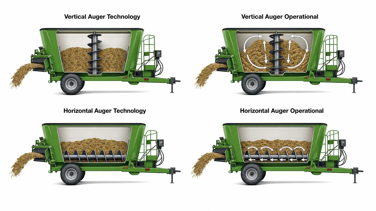 Technical detail of a stainless steel vertical auger with tungsten carbide knives inside a side discharge mixing wagon tub.