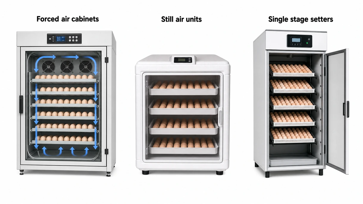 Close up of a precision egg turning mechanism and automated humidity sensor inside a professional grade steel incubator.