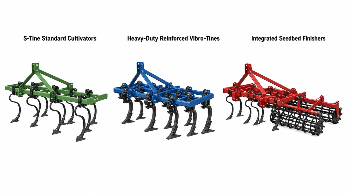 Technical close-up view of a heavy-duty vibrating spring tine with a hardened steel sweep mounted on a toolbar.