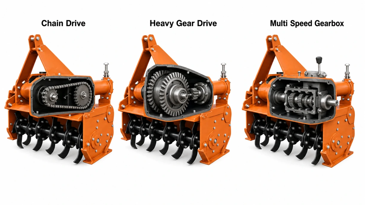 Technical detail of a gear-driven rotary tiller rotor showing hardened steel blades and heavy-duty oil-bath side drive.