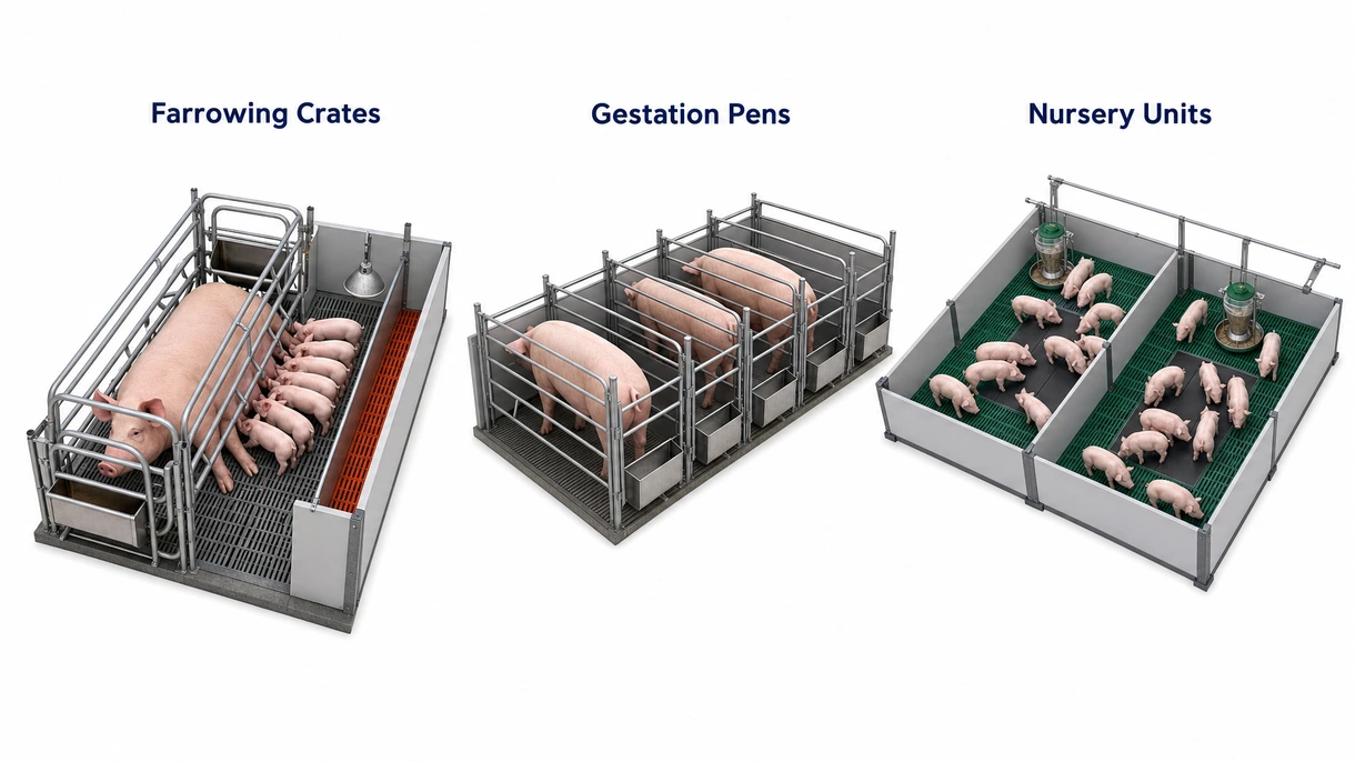 Technical close-up of a corrosion-resistant pig pen gate latch and heavy-duty vertical bar spacing for livestock safety.