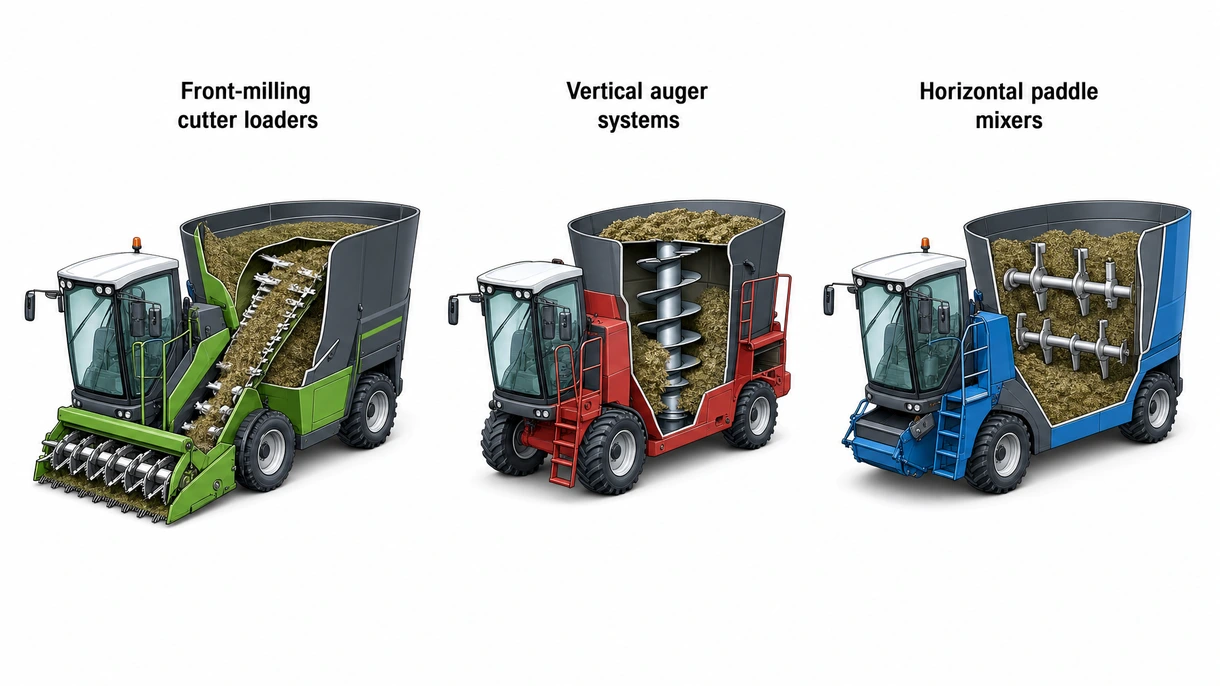 Detailed view of a stainless steel vertical auger and knives inside a self-propelled mixing wagon tub.