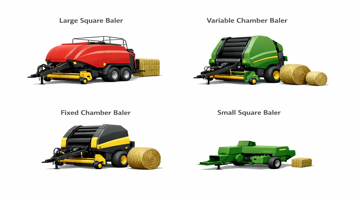 Technical close-up of a precision double-knotter binding system on a heavy-duty agricultural baler for high-density straw bales.