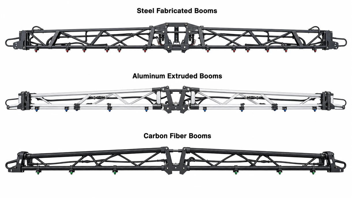 Detailed view of a hydraulic boom breakaway mechanism and stainless steel wet lines on a professional agricultural sprayer.
