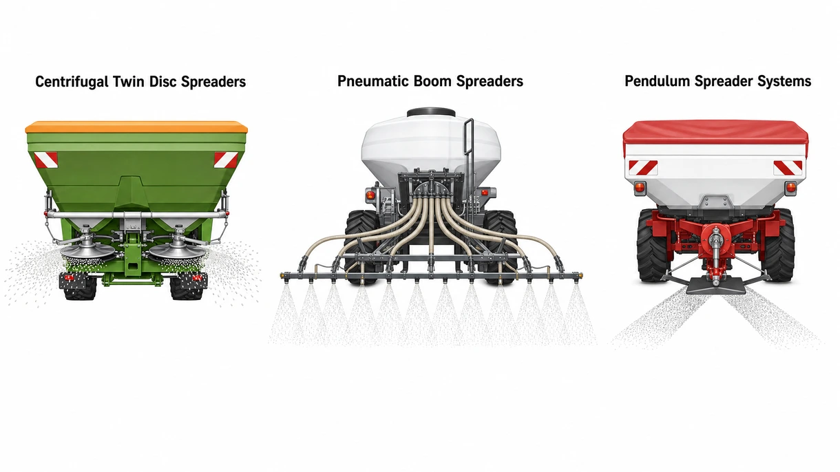 Detailed view of stainless steel spreading vanes and metering shutter mechanism on a professional grade pneumatic fertilizer boom.