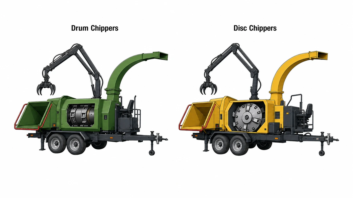 Detailed view of a wood chipper crane arm showing hydraulic cylinders and reinforced grapple assembly for professional farm usage.