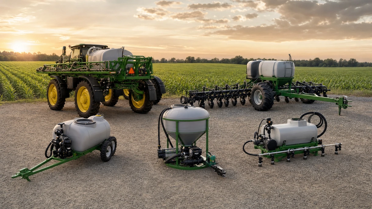 Trattore professionale che traina uno spandiconcime per concime liquido attraverso un campo di mais commerciale utilizzando la tecnologia di applicazione a barre di precisione.