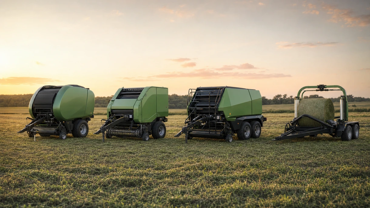 Unità combinata professionale pressa-fasciatrice mentre lavora foraggio verde in un campo europeo sotto la luce del sole pomeridiano.