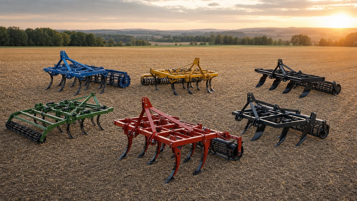 Coltivatore chisel per impieghi gravosi impegnato in una lavorazione primaria profonda in una grande azienda agricola europea durante la gestione autunnale dei residui.