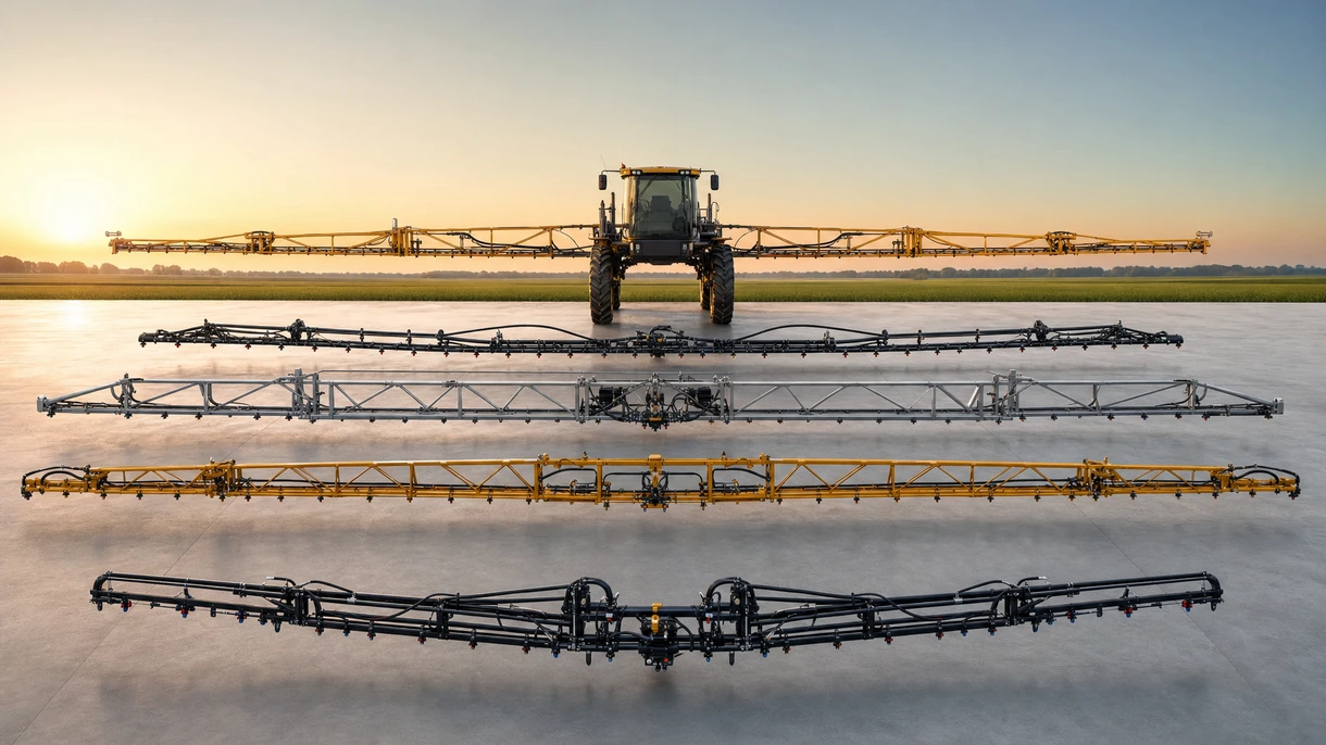 Barra irroratrice in alluminio ad ampia campata per l'applicazione di nutrienti liquidi in un campo di mais commerciale al tramonto con distribuzione uniforme degli ugelli.