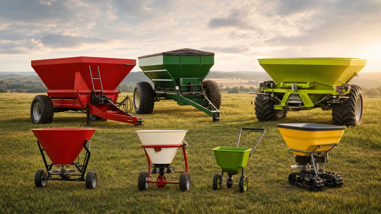 Spandiconcime di precisione a doppio disco per l'applicazione di nutrienti granulari in un grande campo di grano tramite un trattore agricolo ad alta potenza.