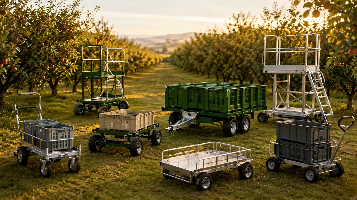 Carrello raccolta elettrico in movimento su binari a tubo in una serra commerciale con cassette di pomodori maturi per la lavorazione.