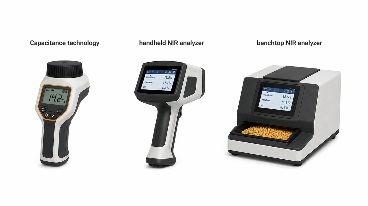Vista macro del display digitale di un analizzatore di umidità che mostra la percentuale di umidità e le letture della temperatura per un campione di grano.