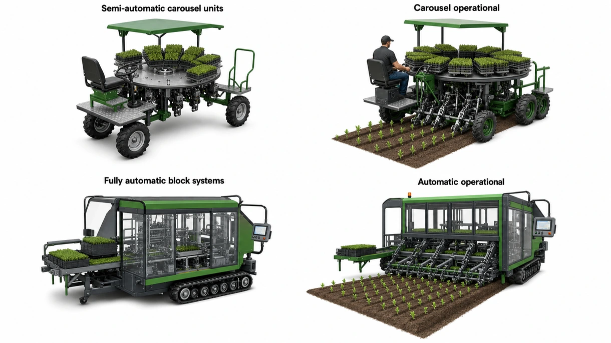 Vista ravvicinata della pinza meccanica e del sistema a carosello di una trapiantatrice per pani di terra, che mostra la precisione tecnica del posizionamento.