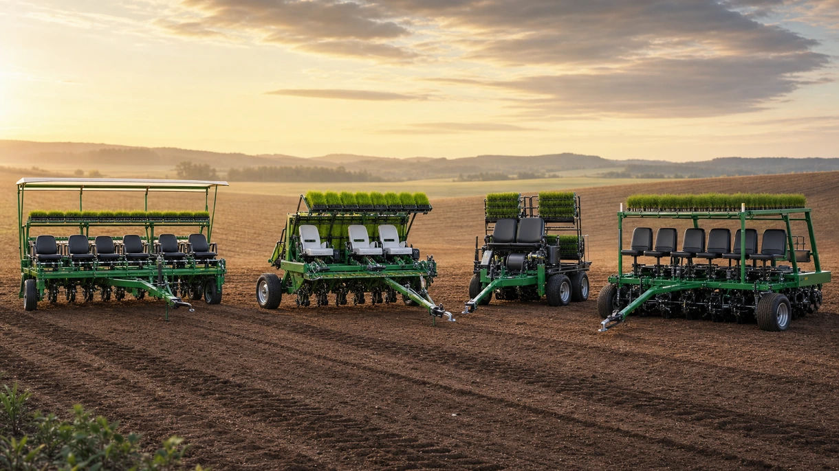 トラクターが多条の牽引式移植機を牽引し、作業員が苗トレイを積み込みながら春の最盛期の植え付け作業を行っている様子