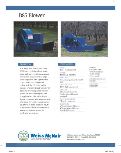 B85 Tractor Mounted Blower Specifications