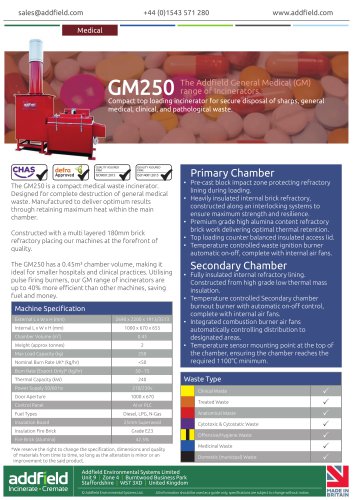 Addfield GM250 Medical Waste Incinerator Datasheet GA PLC