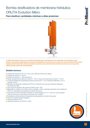 Bomba dosificadora de membrana hidráulica ORLITA Evolution Mikro