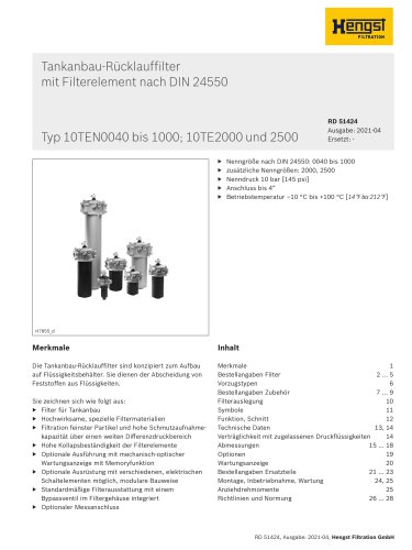 Tankanbau-Rücklauffilter mit Filterelement nach DIN 24550