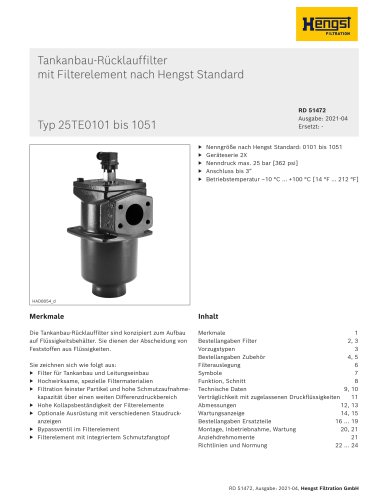 Tankanbau-Rücklauffilter mit Filterelement nach Hengst Standard